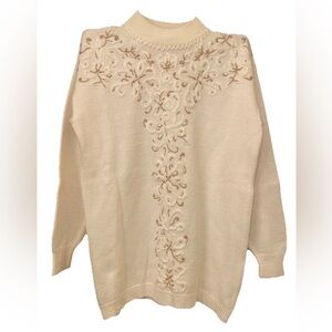 Vintage 80 Jocelyn Smith Sweater White Ivory Gold Embroidery Beads Long Sz Large